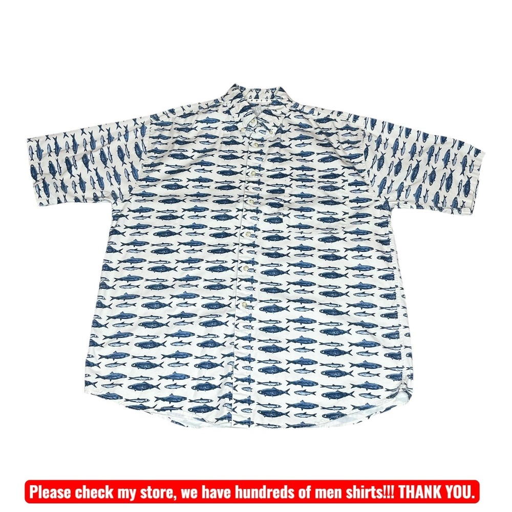 The Nature Company Mens Large White Blue Fish Print Cotton Button Down Shirt VTG